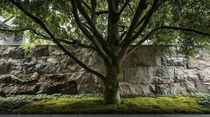 Fototapeta premium Lush greenery contrasted against a stone wall, a peaceful garden scene.