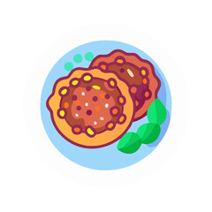 Cartoon vegetable cutlets on a plate with garnish