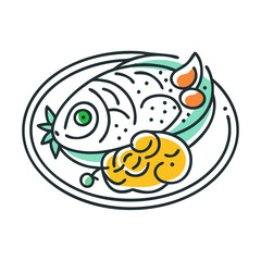 Stylized plate with cooked fish and potatoes dish