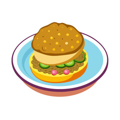 Tasty cartoon hamburger on a plate vector illustration