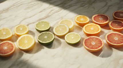 Citrus halves neatly placed on light stone surface with bold colors and sunlight revealing juicy texture and organic freshness