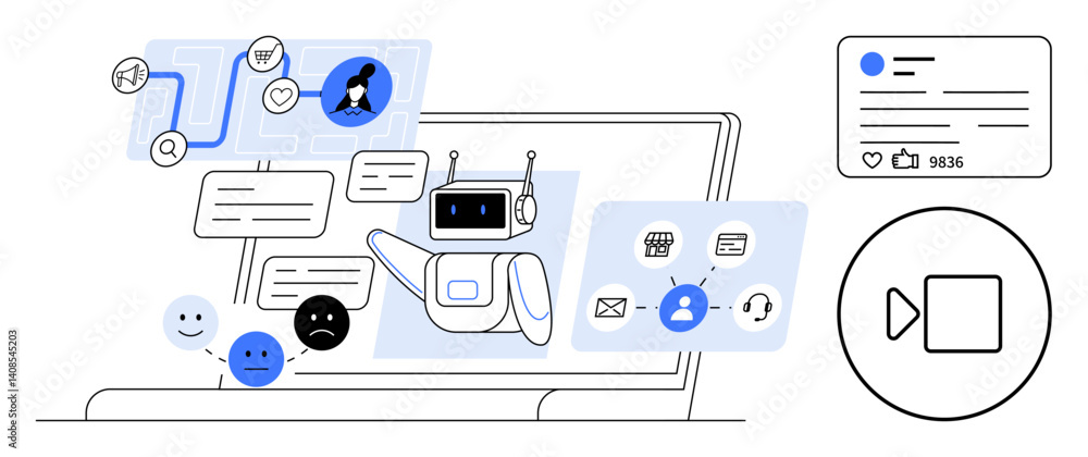 Poster chatbot exchanges messages, processes user queries, analyzes emotional feedback, sends notifications