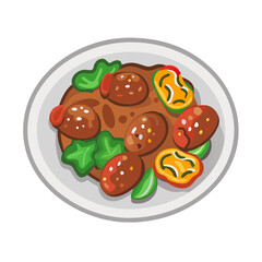 Savory Meatballs with Peppers and Greens on Plate
