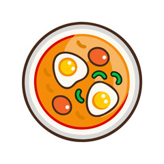 Cartoon Illustration of Tom Yum Soup with Fried Eggs