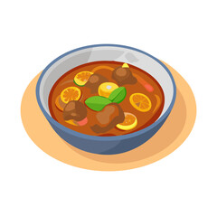 Delicious cartoon food bowl featuring meat, citrus, and basil