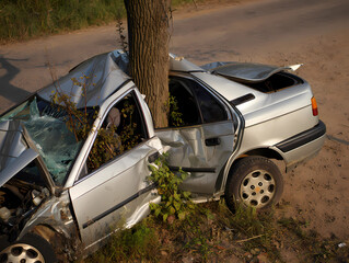 Damaged car crashed into tree