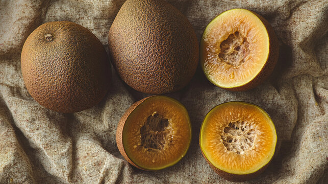 Natural jenipapo fruits with golden pulp and brown skin placed on coarse fabric in daylight setting