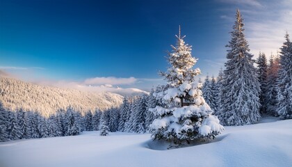 Obraz premium Beautiful with snow covered christmas tree in a snowy winterlandscape