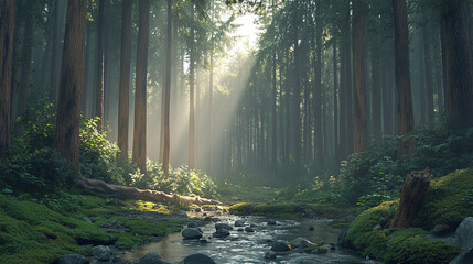 Sunbeams filtering through a dense conifer forest above a calm rocky creek and lush undergrowth during morning hours.