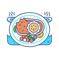 Delicious prepared meal inside of cooking pot vector icon