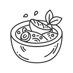 Minimalist line art illustration of soup bowl with garnish