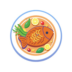 Stylized Fish Dish on Bowl, Vector Illustration Art