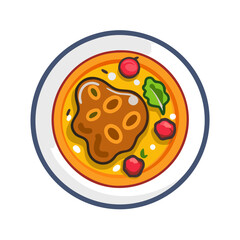 Cartoon illustration of tasty soup bowl on black backdrop