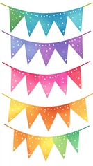 Watercolor bunting flags in vibrant rainbow colors.