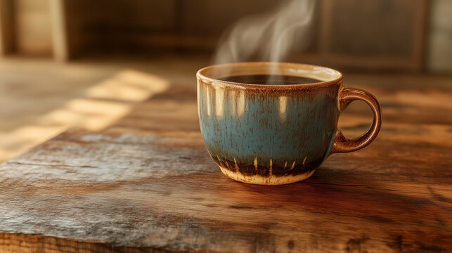 x&iacute;cara de cer&acirc;mica azul com caf&eacute; quente e fundo desfocado