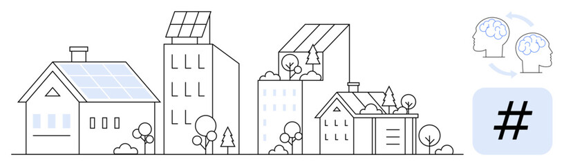 Urban landscape featuring houses and buildings with solar panels, greenery, and tech icons. Ideal for renewable energy, smart cities, eco living, sustainability, technology, innovation simple