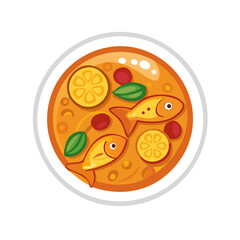 Cartoon Fish Soup Bowl: Seafood, Vegetables, and Lemon