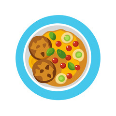 Cartoon illustration of soup with meatballs, tomatoes, and basil