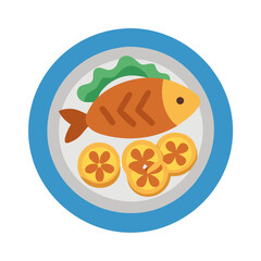 Cartoon Grilled Fish Plate with Salad and Fruit