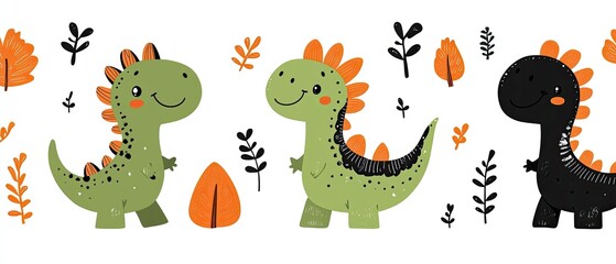 Obraz premium Cute dinosaurs and foliage design