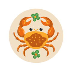 Cute Cartoon Crab with Flowers on Beige Background