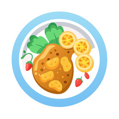 Delicious curry meal with vegetables and fresh strawberries