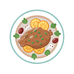 Delicious cartoon meal illustration on a plate, top view