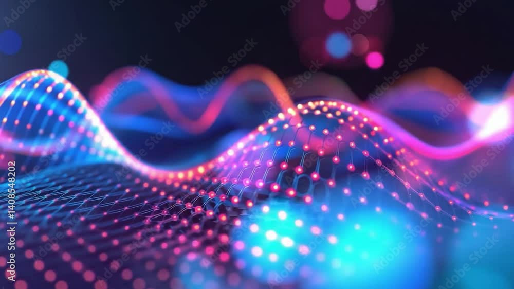 Poster vibrant digital wave pattern glowing dots and colorful lines create mesmerizing visual effect of tec
