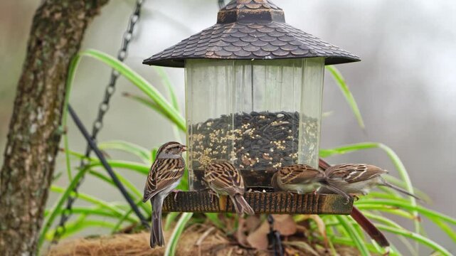 Watch a small Field Sparrow as it diligently feeds at a hanging bird feeder, sharing the space with other types of birds. Observe the interactions between these different species