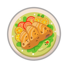 Grilled Chicken Salad Cartoon Illustration on Black Background