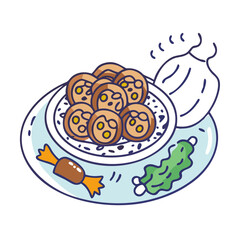 Delicious Cartoon Meal: Dumplings, Candy, and Green Condiment