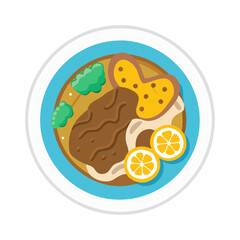 Illustration of plated Mediterranean dish with meat and lemon