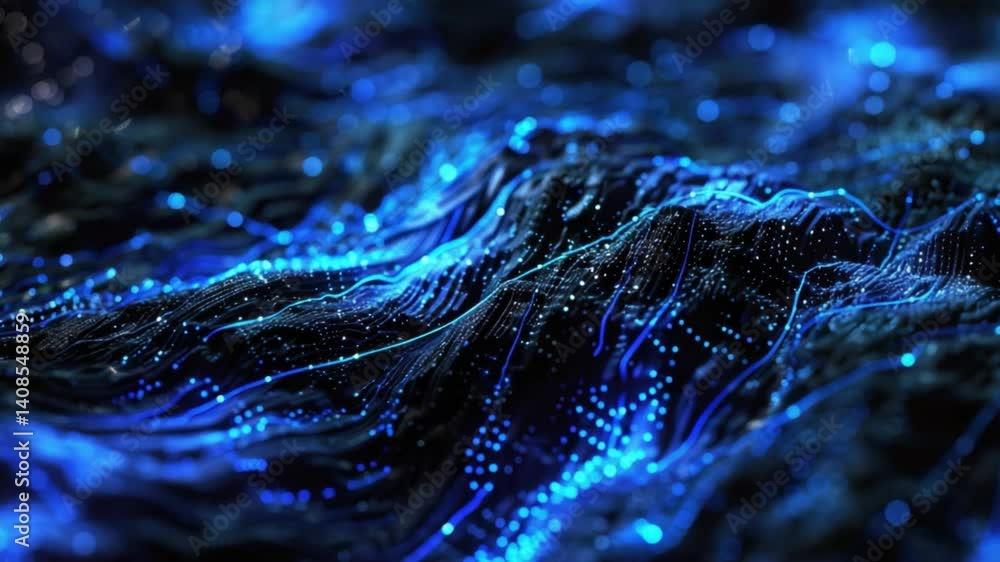 Poster mesmerizing abstract digital waves with vibrant blue lights and intricate patterns, evoking depth an