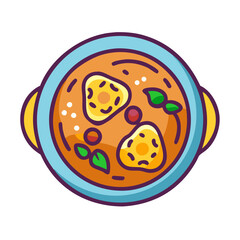 Cartoon Vegetable Soup in Bowl Isolated on Black