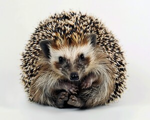 Obraz premium Hedgehog curled into ball sharp spines contrasting with soft belly fur tiny black eyes realistic white background