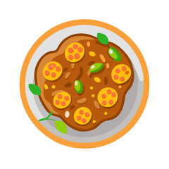 Colorful stew cartoon image on plate, black background