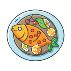Cartoon fish dish with citrus and cherry garnish