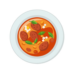 Cartoon Sausage Soup with Basil on a Plate