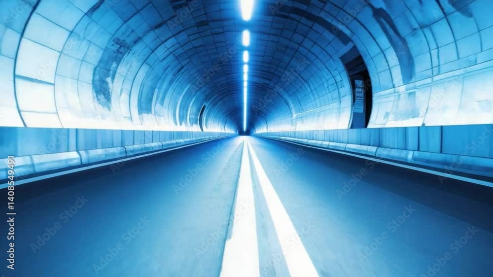 Poster illuminated modern tunnel blue perspective on urban transportation with smooth road and captivating 