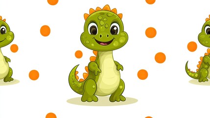 Fototapeta premium Repeating pattern of cheerful, cartoon dinosaurs on a white background.