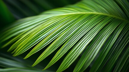 Lush green palm frond detail, vibrant leaf texture, sunlight highlights
