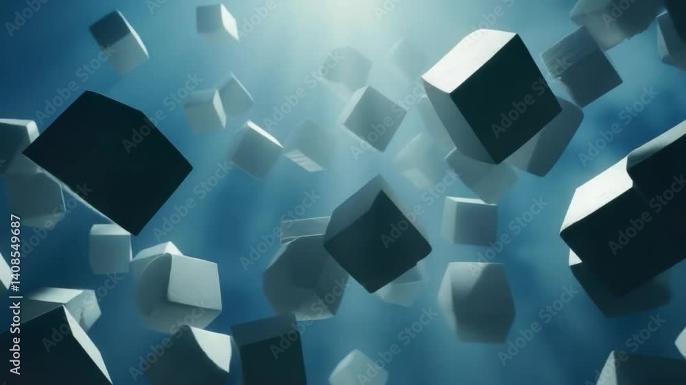 Poster floating abstract cubes in serene blue atmosphere create mesmerizing visual experience, enhanced by 
