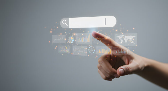 Finger tap on floating search bar icon, data visualizations appear in layers