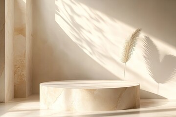 Minimalist beige display podium with natural light and shadows