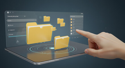 User interface concept with touch interaction, files and folders opening in 3D space