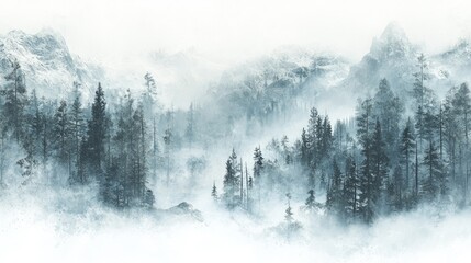 Fototapeta premium Misty mountain peaks, blanketed in winter snow.