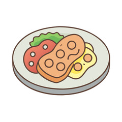 Breakfast Plate Cartoon Illustration of Ham, Eggs, and Tomato