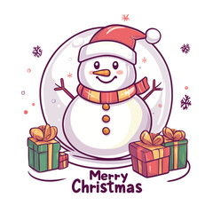 A Christmas snow globe and New Year's glass snow globe featuring a snowman and gifts symbolize the holidays, depicted in a children's modern flat illustration isolated on a transparent background