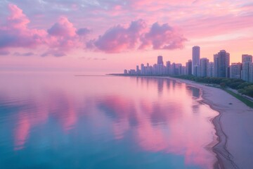 Fototapeta premium Sunset aerial view of a modern city skyline beside a calm ocean shoreline
