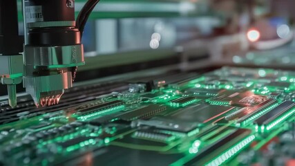 Robotic arm soldering electronic components on a printed circuit board in a modern factory, showcasing the automation process in electronics manufacturing - Powered by Adobe
